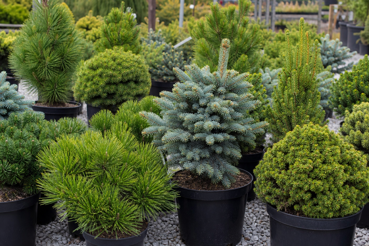 Young conifers and trees in nursery pots