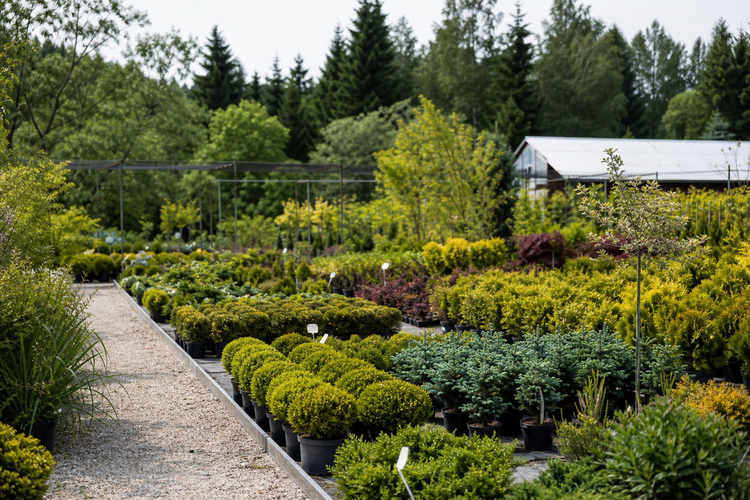 Nursery greenhouse benches with young plants
