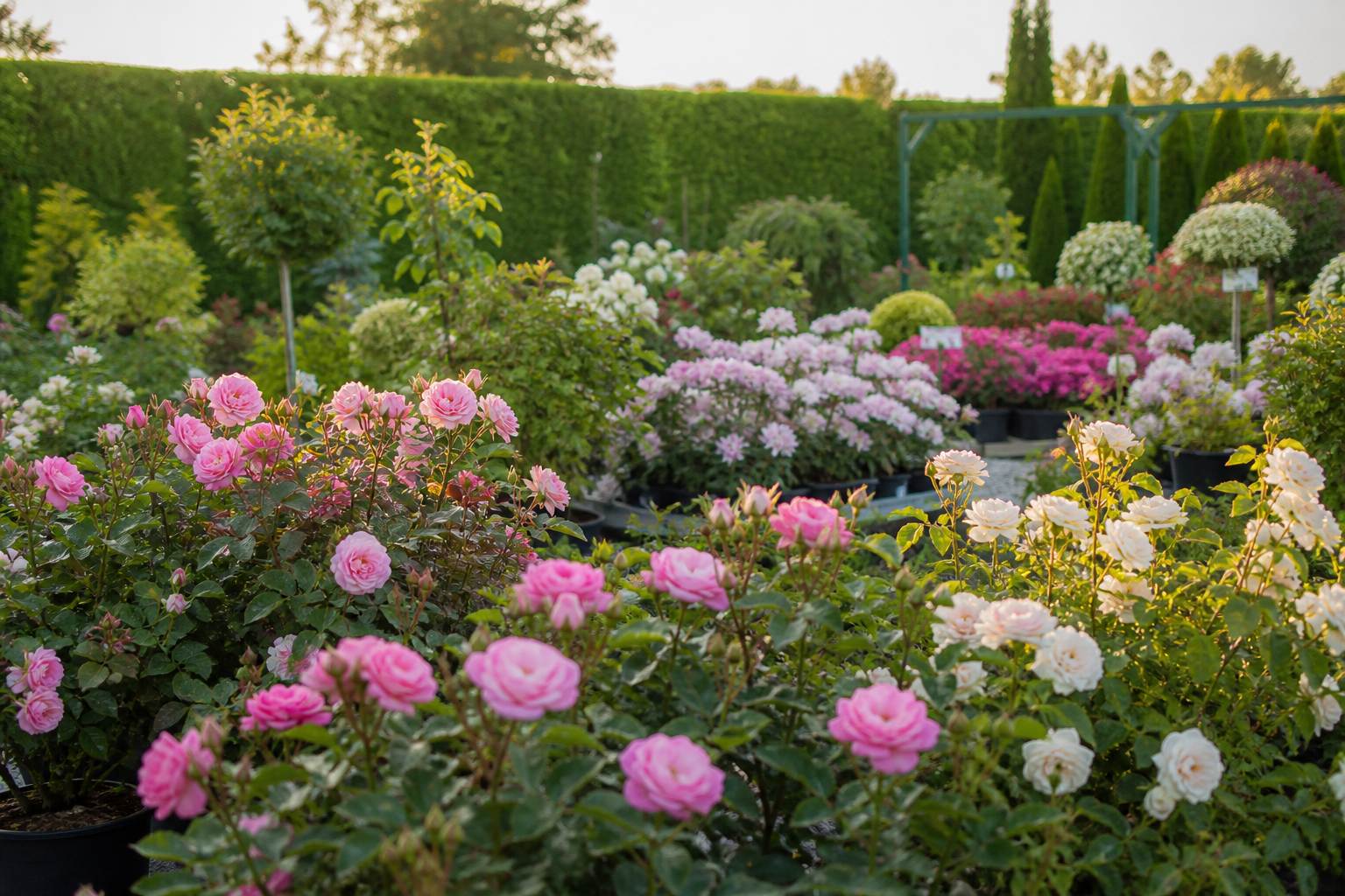 Flowering ornamental shrubs on nursery gravel