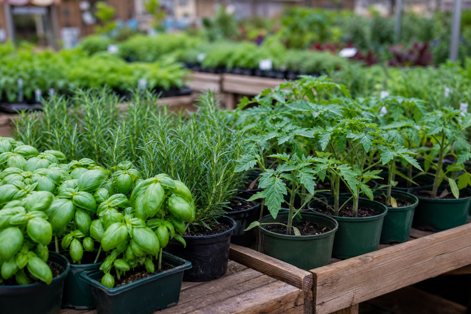 Herbs and vegetable seedlings on a nursery bench